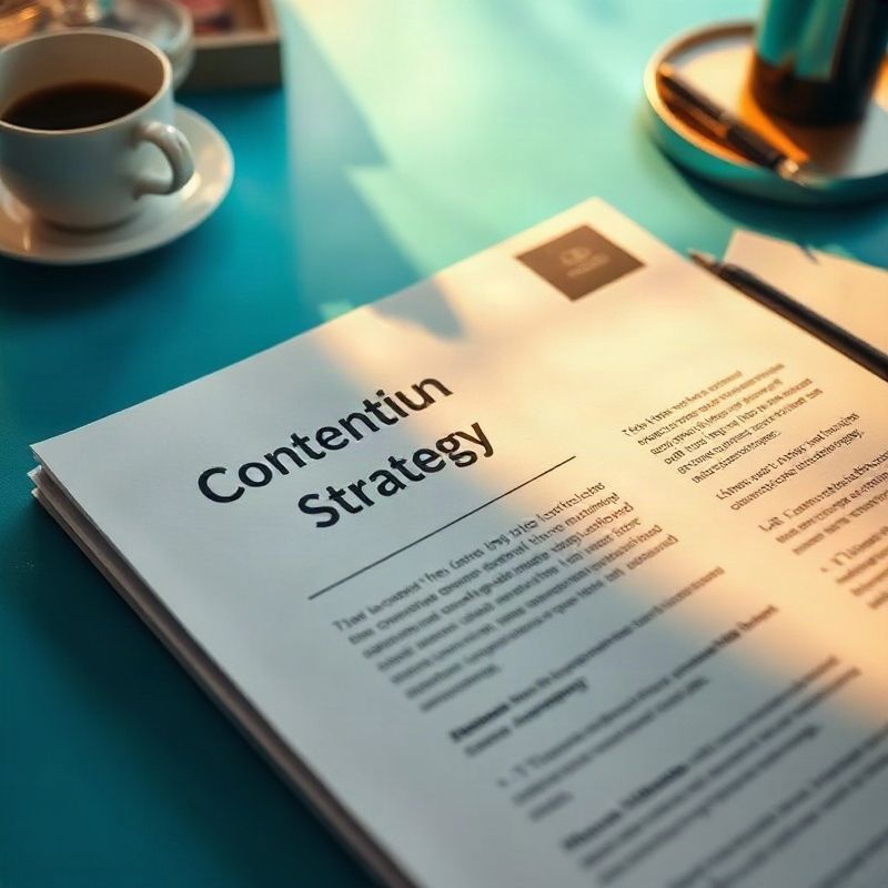 Printed content strategy document on an azure-toned desk