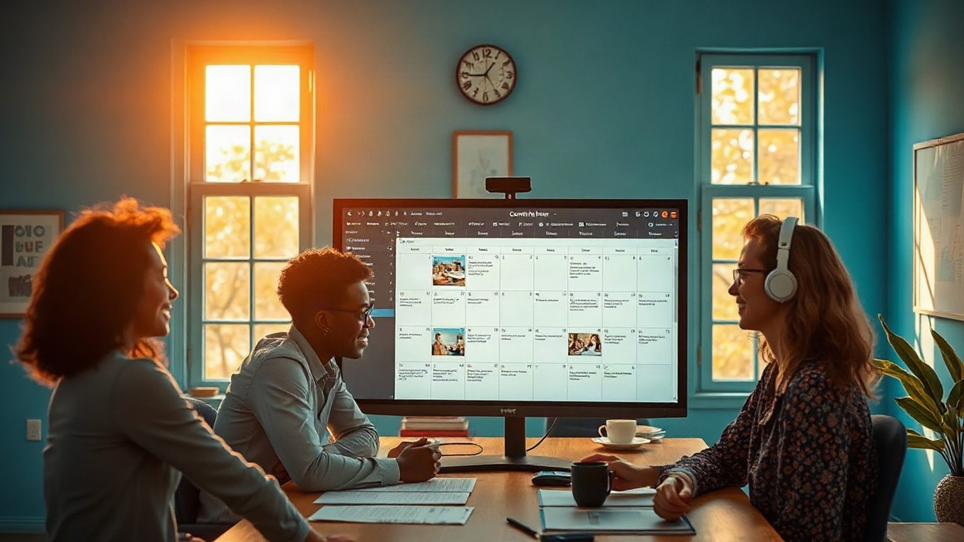 Editorial team collaborating around a content calendar at Orbitcswift