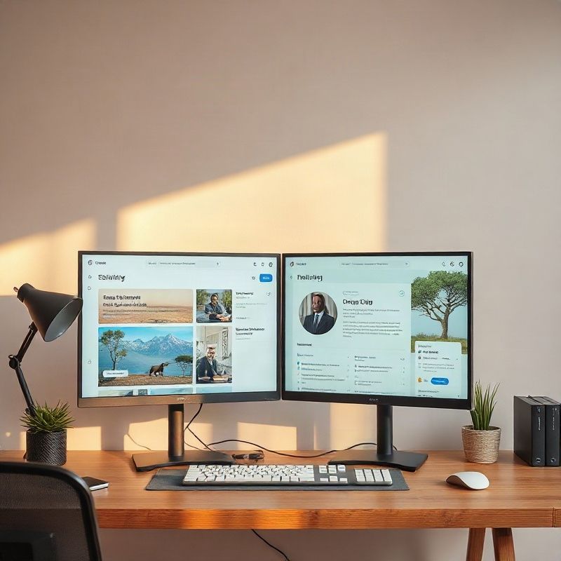 Dual-monitor CMS publishing interface in a modern Kenyan office